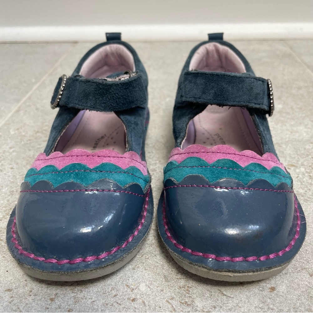 Stride Rite Evelyn Mary Jane shoes, leather, Velcro strap, navy with teal/mauve